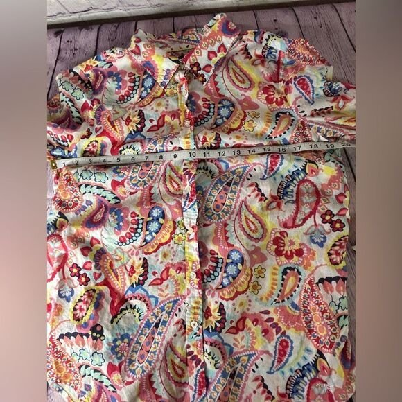 Talbots Button Up Bright Pink Paisley Preppy Coastal Beach Roll Tab Sleeve Large - Picture 8 of 11